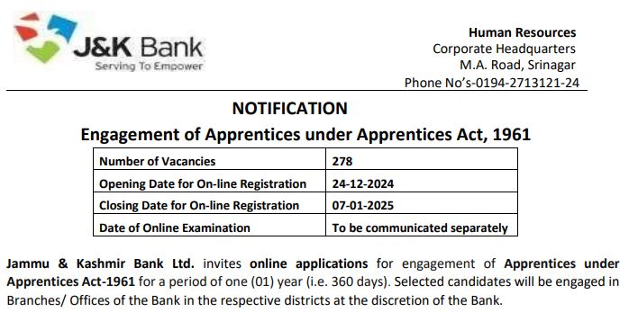 JK Bank Apprentice Recruitment 2024